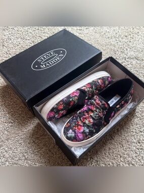 Steve Madden Black Quilted Slip-On Sneakers with Pink Floral Print